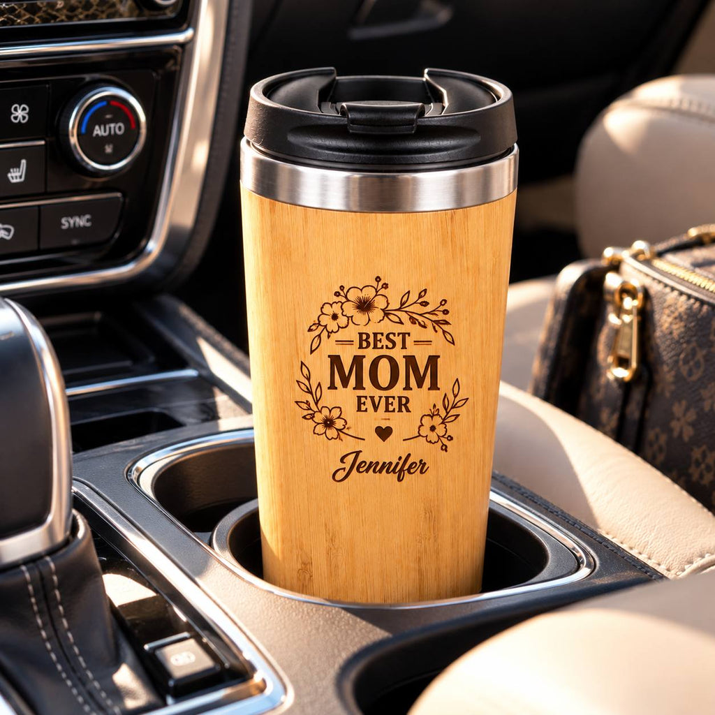Personalized Best Mom Ever Bamboo Tumbler – 15 oz Custom Engraved Gift for Mom