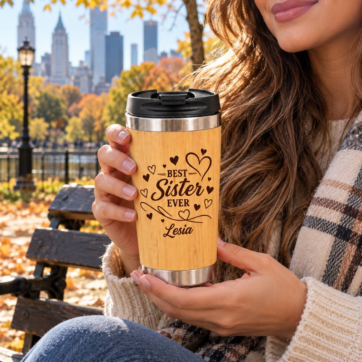 Personalized Best Sister Ever Bamboo Tumbler – 15 oz Custom Engraved Gift for Sister