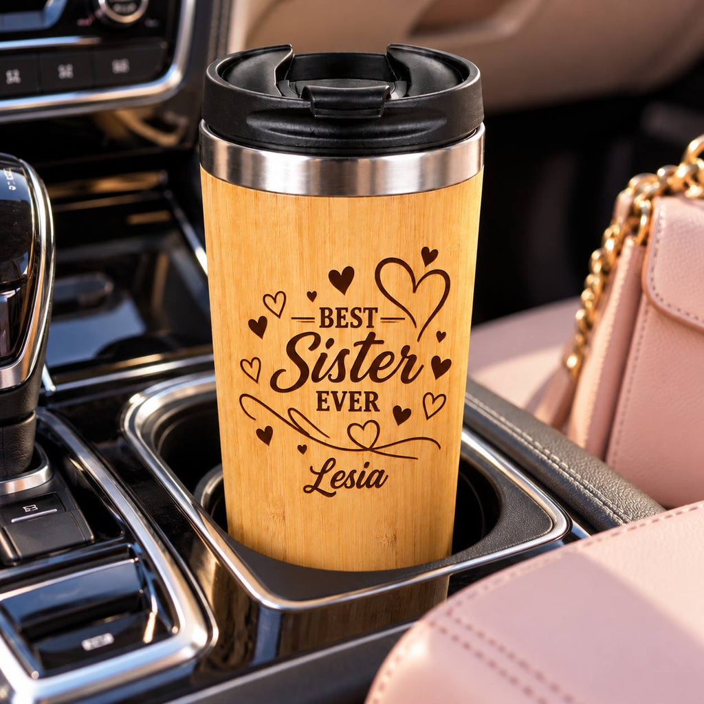 Personalized Best Sister Ever Bamboo Tumbler – 15 oz Custom Engraved Gift for Sister