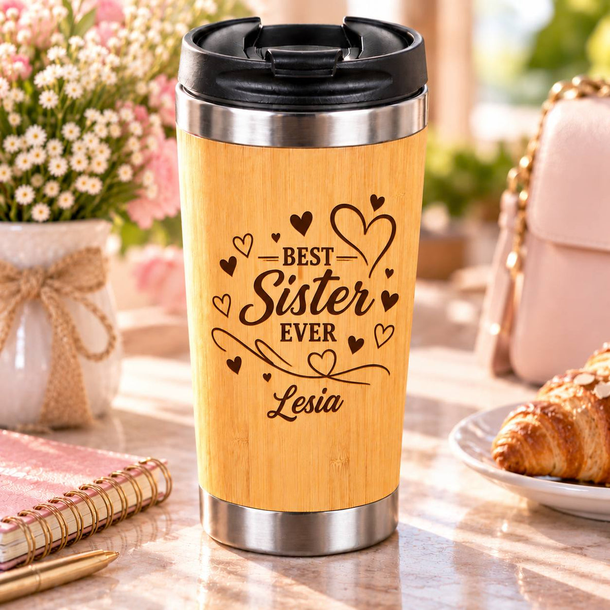 Personalized Best Sister Ever Bamboo Tumbler – 15 oz Custom Engraved Gift for Sister