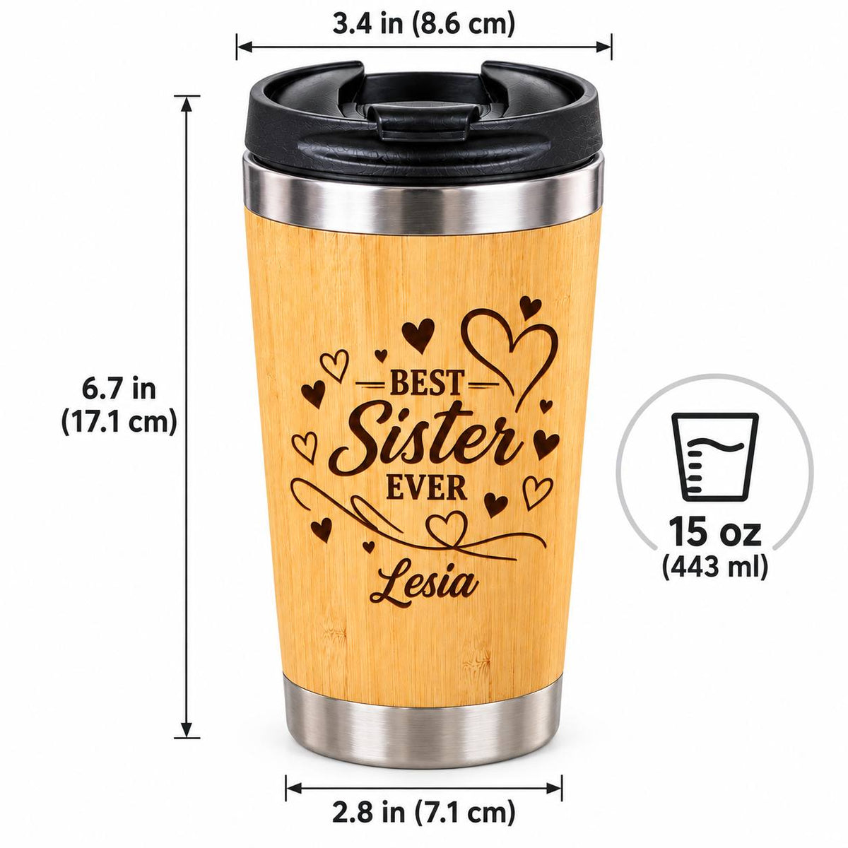 Personalized Best Sister Ever Bamboo Tumbler – 15 oz Custom Engraved Gift for Sister