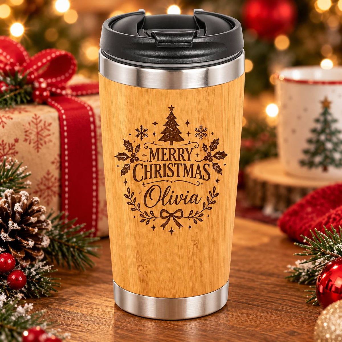 Personalized Christmas Bamboo Tumbler – 15 oz Custom Engraved Christmas Gift with Name