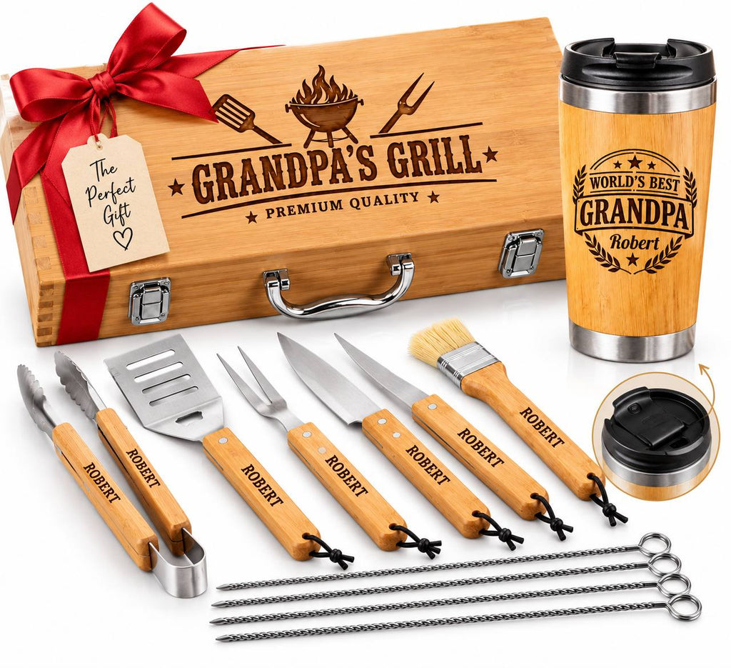 Personalized Grandpa BBQ Gift Set – Engraved Grill Tools & Bamboo Tumbler