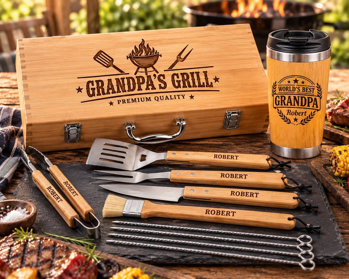 Personalized Grandpa BBQ Gift Set – Engraved Grill Tools & Bamboo Tumbler