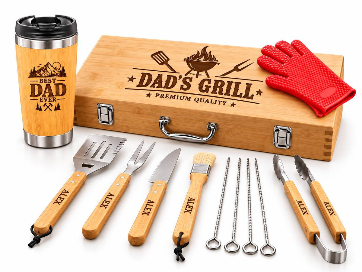 Personalized Dad BBQ Gift Set – Engraved Grill Tools & Bamboo Travel Tumbler