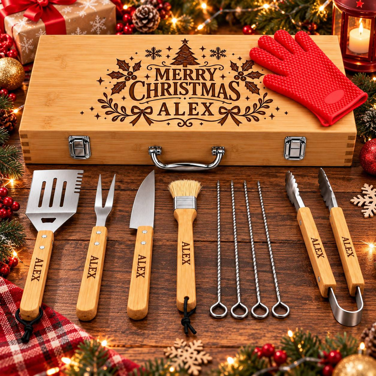 Personalized Christmas BBQ Grill Tool Set – Custom Engraved Wooden Case Gift