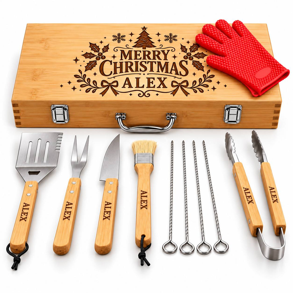 Personalized Christmas BBQ Grill Tool Set – Custom Engraved Wooden Case Gift