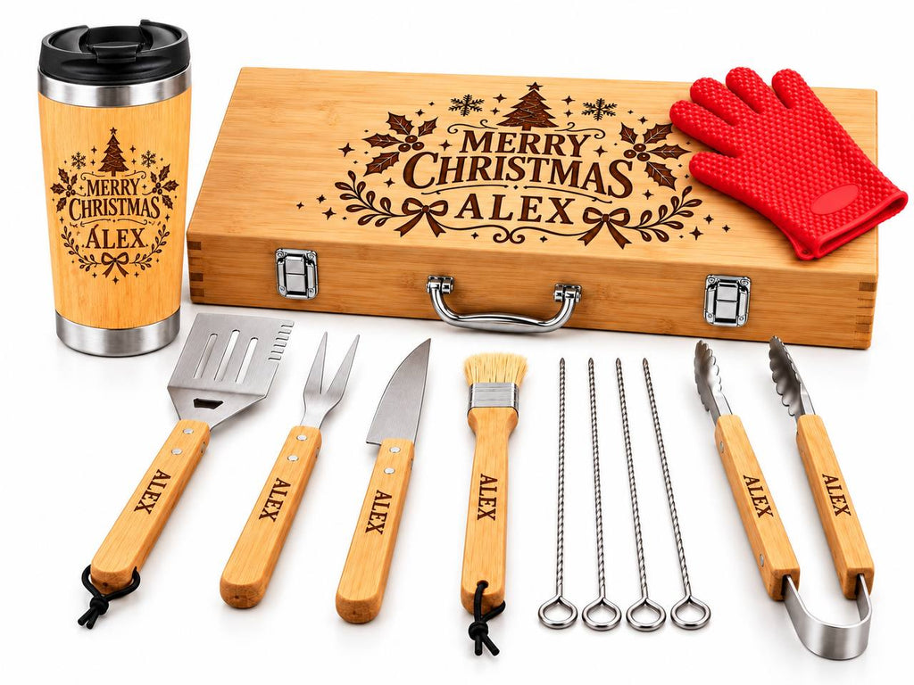 Personalized Christmas BBQ Gift Set with Bamboo Tumbler – Custom Engraved Grilling Gift