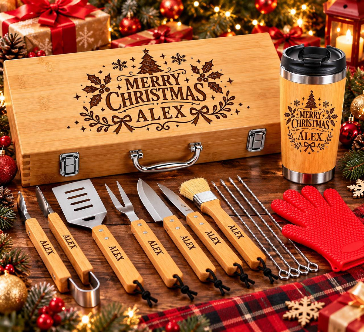 Personalized Christmas BBQ Gift Set with Bamboo Tumbler – Custom Engraved Grilling Gift