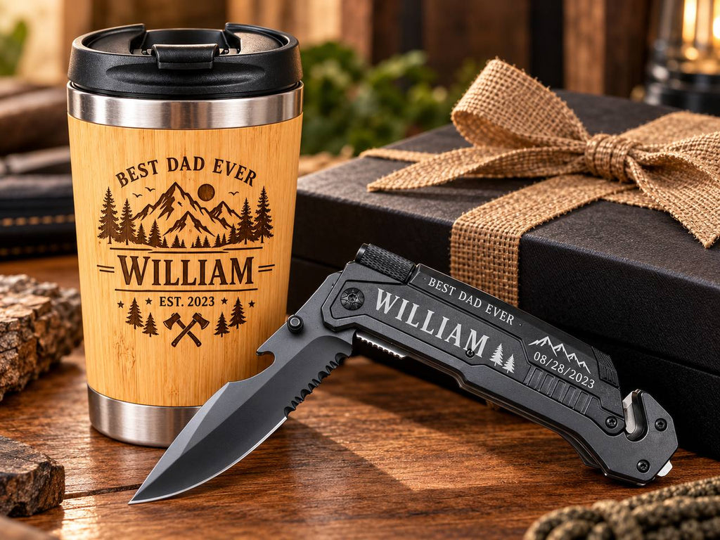 Personalized Gift Set for Dad – Custom Engraved Tumbler & Pocket Knife