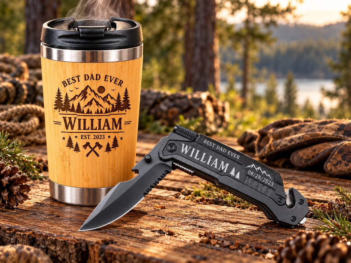 Personalized Gift Set for Dad – Custom Engraved Tumbler & Pocket Knife