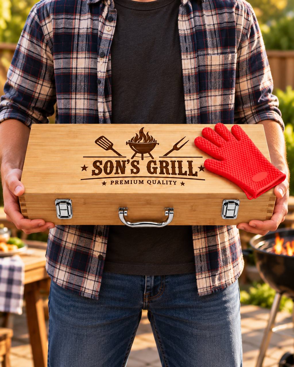 Personalized BBQ Grill Tool Set with Wooden Case – Custom Engraved Gift for Son