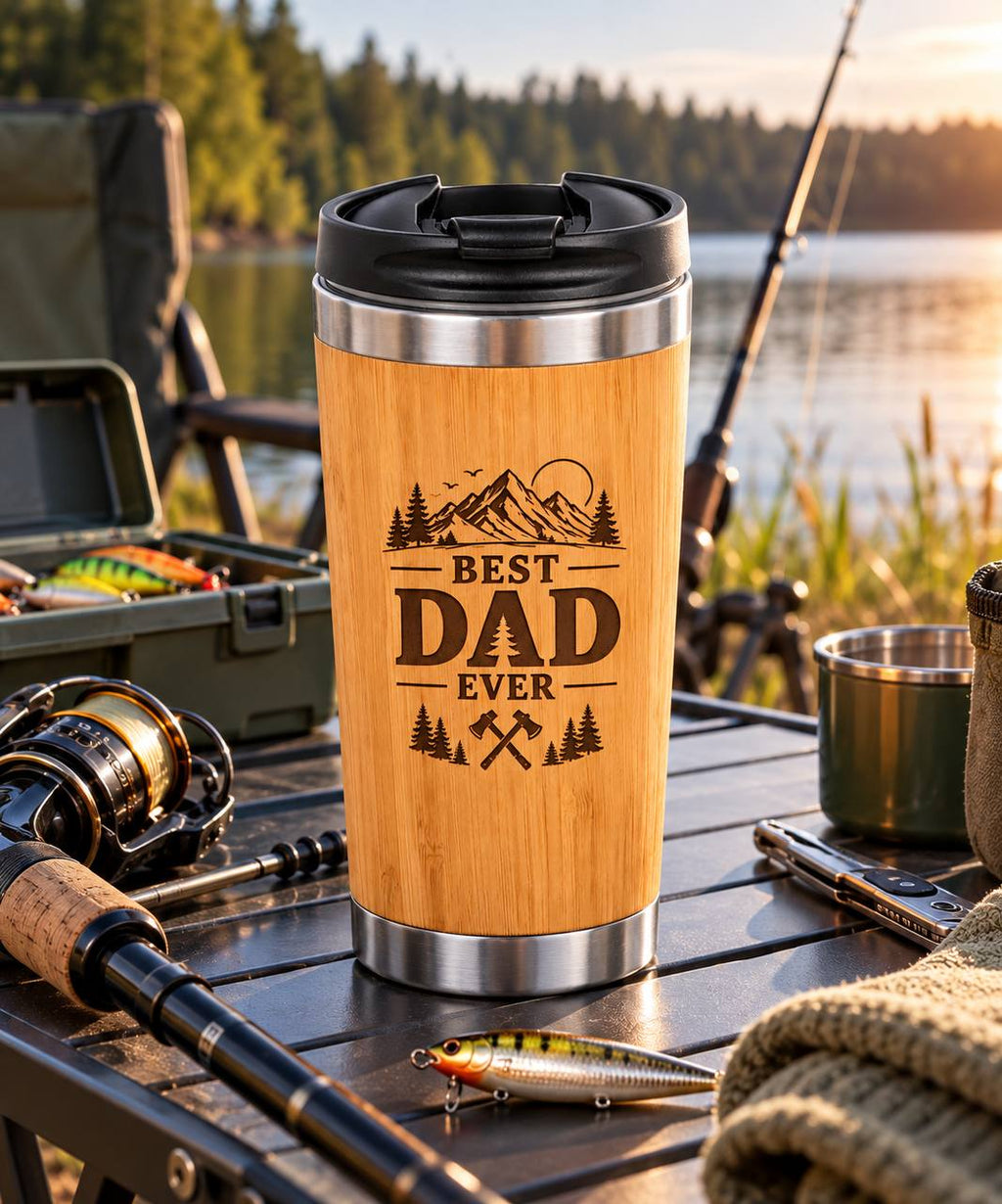 Personalized Best Dad Ever Bamboo Tumbler – 15 oz Engraved Gift for Dad