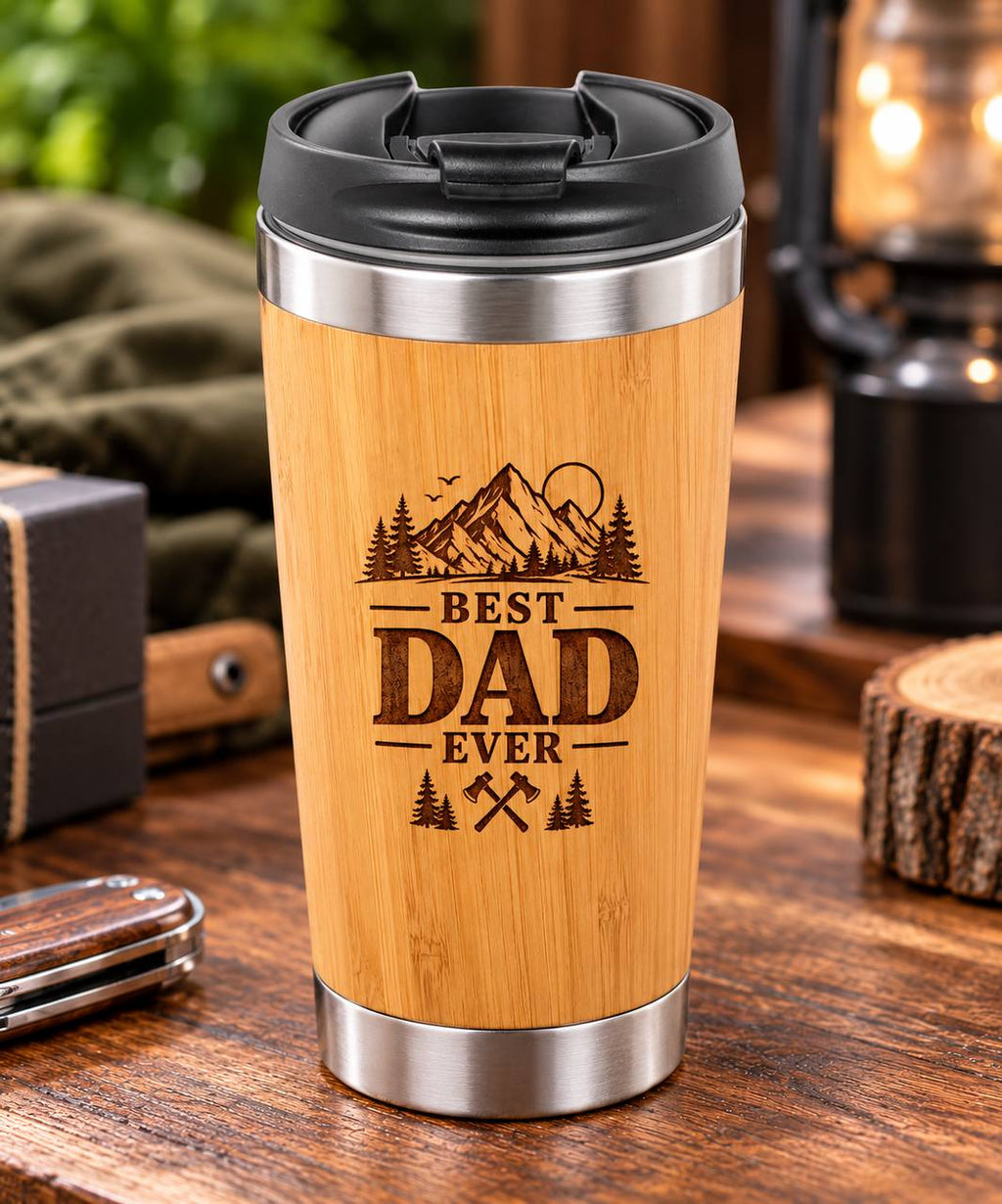 Personalized Best Dad Ever Bamboo Tumbler – 15 oz Engraved Gift for Dad
