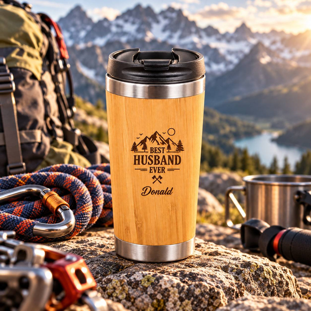 Personalized Bamboo Tumbler for Husband – 15 oz Custom Engraved Gift for Him