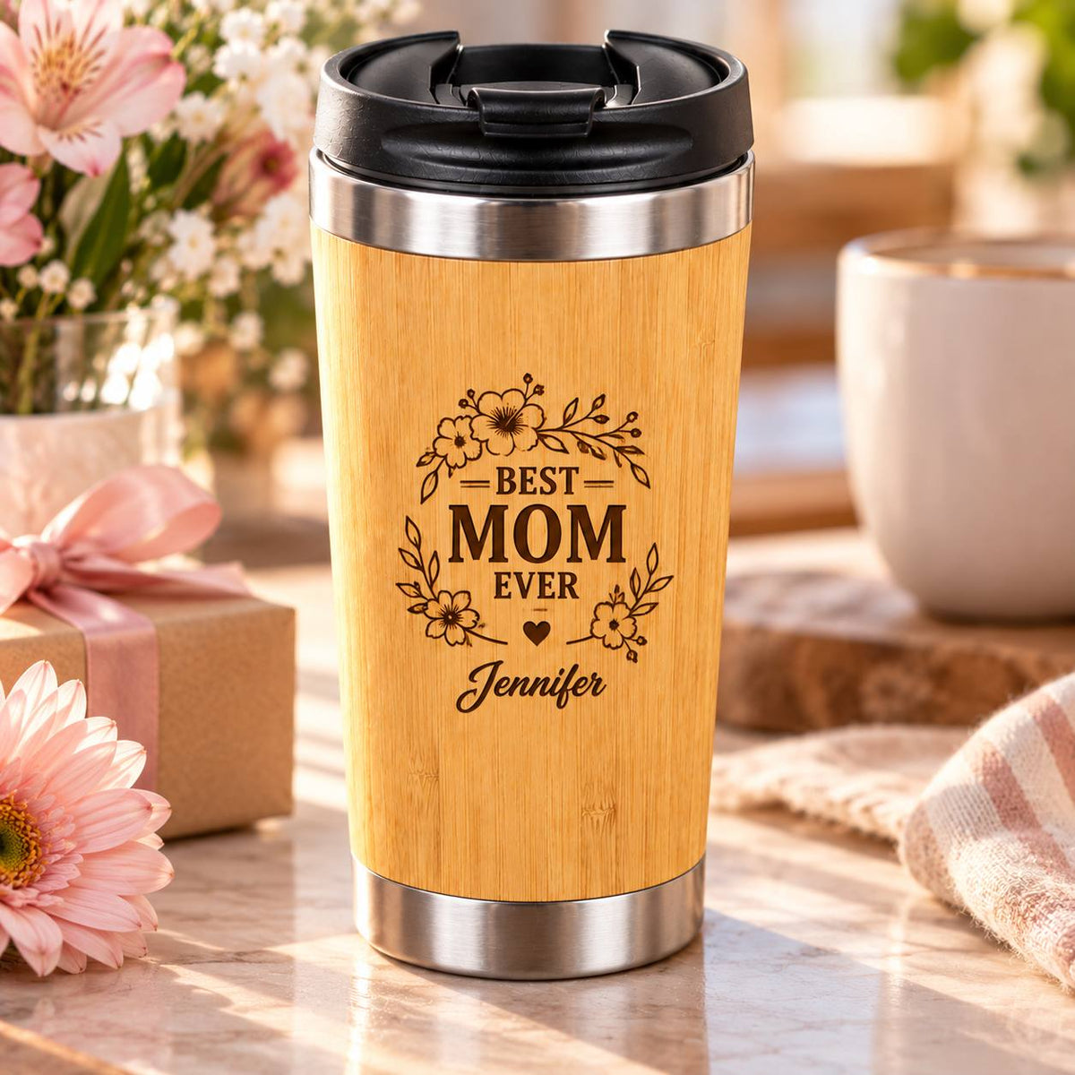 Personalized Best Mom Ever Bamboo Tumbler – 15 oz Custom Engraved Gift for Mom