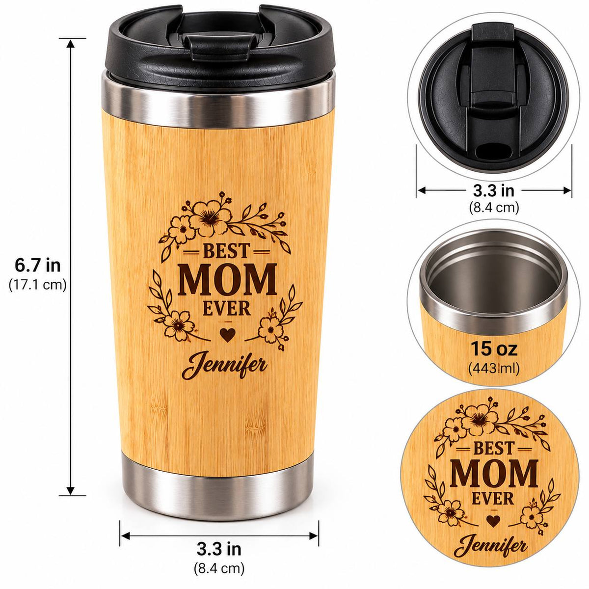 Personalized Best Mom Ever Bamboo Tumbler – 15 oz Custom Engraved Gift for Mom