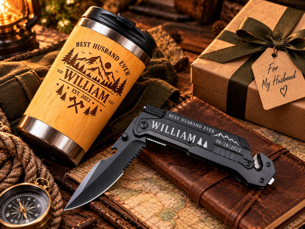 Personalized Gift Set for Husband – Custom Engraved Tumbler & Pocket Knife