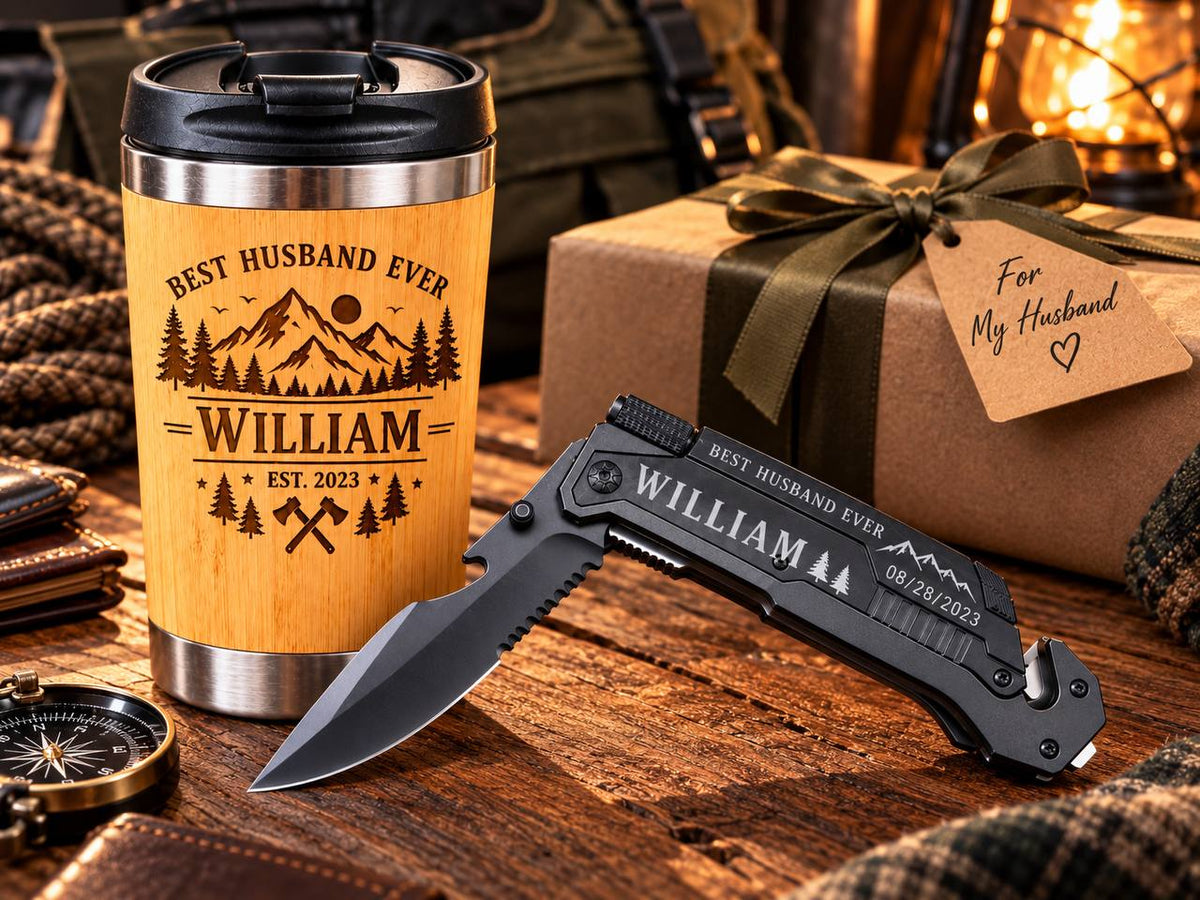 Personalized Gift Set for Husband – Custom Engraved Tumbler & Pocket Knife