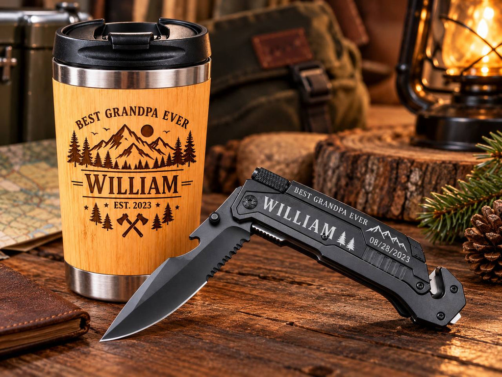 Personalized Gift Set for Grandpa – Custom Engraved Tumbler & Pocket Knife