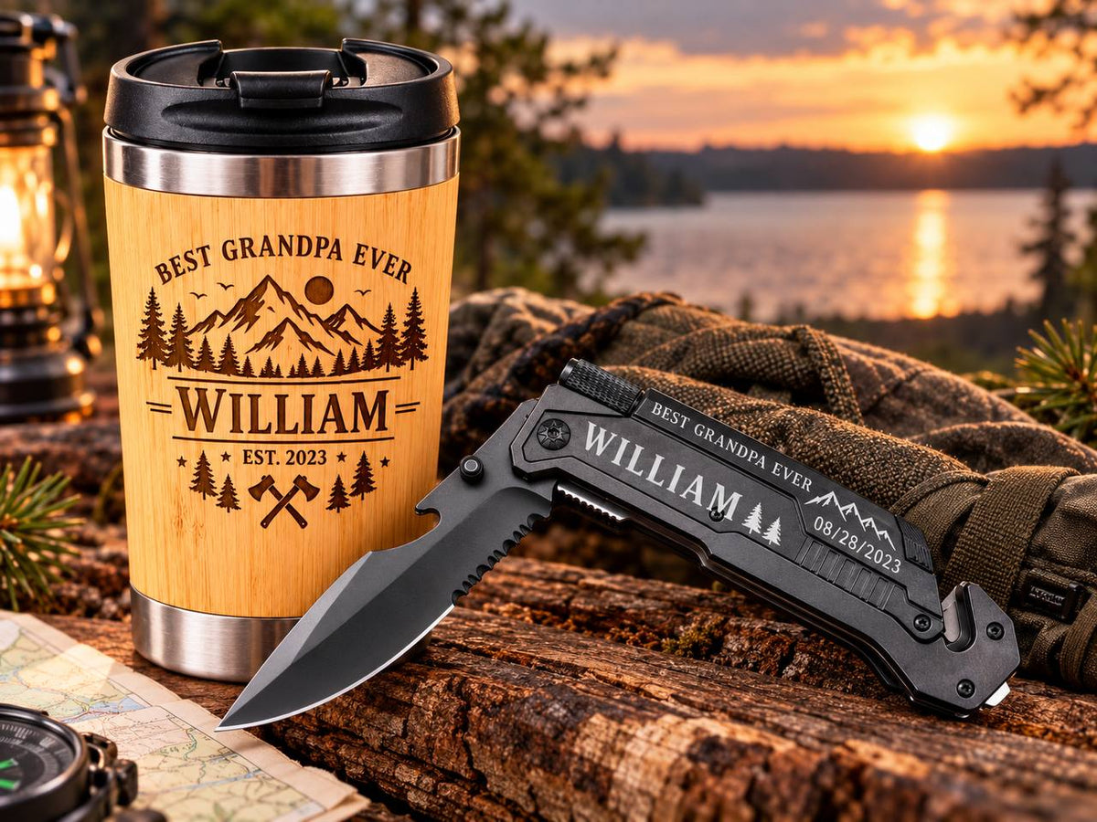 Personalized Gift Set for Grandpa – Custom Engraved Tumbler & Pocket Knife